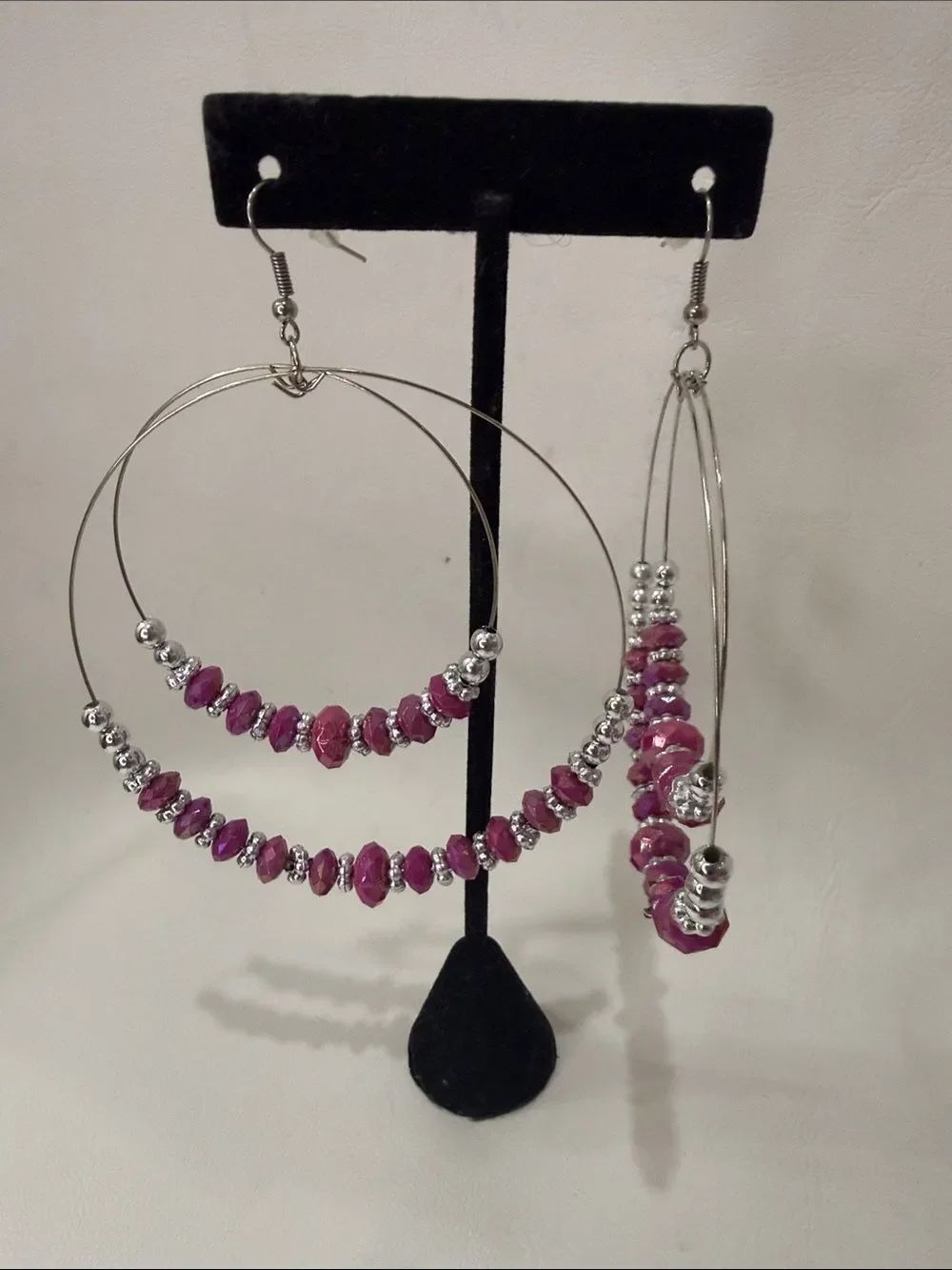 Pastel Collection Dangle Hoop Earrings Silver Pink Magenta Beads 2 1/2 & 3 1/2
